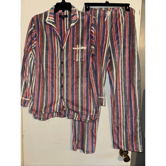 Ellen Tracy Pajama Set Womens L  Pink gray purple stripe 2 Piece Set Top Pants S - Picture 1 of 5